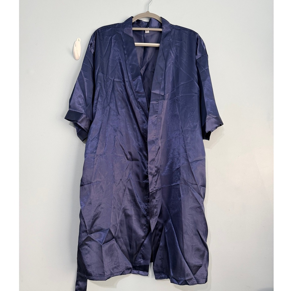 Navy Blue Satin Robe Women's Large Silky Lounge Sleepwear Kimono Bathrobe 1664